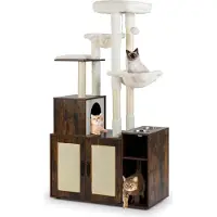Costway Arbre à chat , armoire pour chat avec bac à litière, poteaux en sisal, 2 hamacs, 2 tapis à griffer, grotte et 2 gamelles, arbre à chat, bois, marron