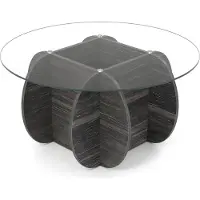 Northix Table basse ronde, plateau en verre trempé, rangement dissimulé