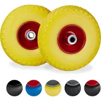 Relaxdays 8 roues pour diable, pneus en caoutchouc plein anti-crevaison, jante en acier 3.00-4", axe de 20 mm, charge maximale 100 kg, roue de secours 260 x 85 mm, jaune-rouge
