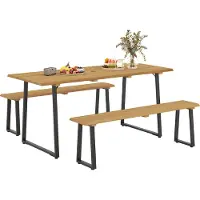 Outsunny Ensemble de salon 3 pièces en bois pour 6 personnes Table de salle à manger avec bancs