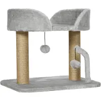 PawHut Arbre à chat grattoir design avec jeu 2 pompons suspendus 2 poteaux jute + plateforme peluche - 48 x 38 x 42 cm - gris