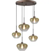 Masterlight Suspension 5 lumières Genua marron avec 3x verre doré Ø 24cm et 2x Ø 29cm