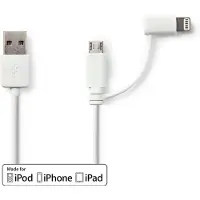 Nedis Câble 2 en 1 | USB 2.0 | USB-A mâle | Apple Lightning, 8 broches / USB Micro-B mâle | 480 Mbps | 1.00 m | Nickelé | Rond | PVC | Blanc | Sachet en plastique