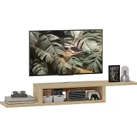 HOMCOM Meuble Tv Mural Flottant Design - Étagère Murale Flottante - Niche, Passe-fils - Panneaux Particules Chêne Clair