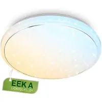 Briloner Star A Plafonnier LED, CEE A source lumineuse*, dimmable, télécommande, contrôle de la température de couleur CCT, blanc, Ø48 x 8 cm