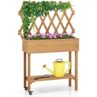 B2X Plate-bande surélevée sur roulettes avec étagère & treillis & doublure tissu parterre de fleurs 90 x 29 x 129 cm
