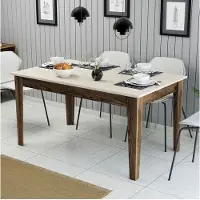 Skye Decor , table à manger haut de gamme, noyer et travertin, 145 x 75 x 88 cm | Panneau de particules 100 % mélaminé, épaisseur 18 mm | Design élégant pour les espaces de vie et de repas modernes.