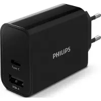 Philips DLP2621/12 Chargeur - Connecteur USB - Adaptateur secteur - Chargeur rapide - Multiple : 2 ports - USB-C - USB-A - 30 W - Noir