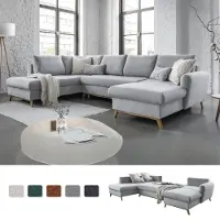 Miuform Scandic Lagom - Canapé d'angle avec fonction lit et coffre de lit U-FORM GAUCHE - 312x202 cm - Gris clair - Canapé-lit Canapé
