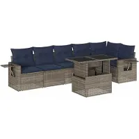 Syfax Ensemble de canapé de jardin 7 pcs avec coussins gris résine tressée