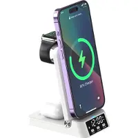 Lobwerk Station de recharge inductive 4 en 1 : chargeur sans fil, horloge numérique et station d'accueil