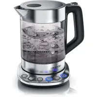 Arendo Bouilloire avec réglage de la température de 70 °C à 100 °C, sélection de la température, verre, acier inoxydable, 1,5 L, 2200 W, fonction de maintien au chaud, socle, argent/verre fumé