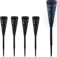 Relaxdays Lot de 5 lampes solaires , style torche, éclairage de jardin avec effet lumineux, H x P : 41 x 7 cm, avec piquet, noir