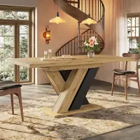Flieks Table à manger télescopique avec pieds en X, table de cuisine, pour la cuisine et le salon, table à manger couleur bois 119-158,5 x 80 x 75 cm, noir + naturel