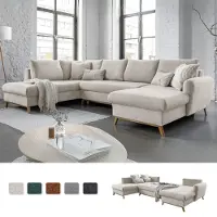 Miuform Scandic Lagom - Canapé d'angle avec fonction lit et coffre de lit U-FORM GAUCHE - 312x202 cm - Beige - Canapé-lit Canapé