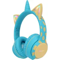 IMoshion Casque d'écoute sans fil pour enfants Lumière LED licorne - Limiteur de décibels - Avec câble AUX - Bleu doux / Jaune