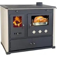 Prometey EEK A+ Poêle à bois avec compartiment four et plaque de cuisson Pracktik Lux Beige Poêle à bois 9,5 kW Cheminée Poêle à feu continu Poêle d'atelier Poêle suédois Poêle de chalet Poêle de chauffage