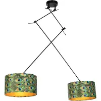 QAZQA Suspension noire avec abat-jour en velours paon avec or 35 cm 2 lumières - Blitz