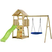 Kangui - Aire de jeux portique en bois WOODI - Double balançoire et nid Ø100cm, toboggan, mur d'escalade, bac a sable, cabane, échelle