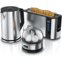 Arendo Set petit déjeuner , bouilloire 1,5L, grille-pain 2 disques à fentes longues, cuiseur à ufs 7, argenté