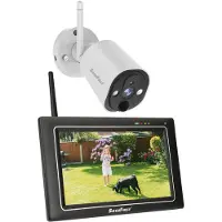 SecuFirst Caméra de surveillance 2K avec écran tactile 7 pouces, babyphone intégré, fonction sans WLAN, idéale pour usage extérieur.