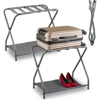 Relaxdays Porte-bagages , lot de 2, pliable, porte-bagages avec tablette, dimensions : 58 x 66 x 38 cm, porte-bagages, hôtel, acier, gris