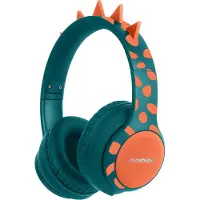 IMoshion Casque sans fil pour enfants Dino - Limiteur de décibels - Avec câble AUX - Vert pétrole / Orange
