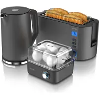 Arendo Breakfast Set 3 pièces, grille-pain à 4 tranches longues, cuiseur à ufs 8 pièces, bouilloire 1,5L, Gris