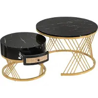 Fortuna Lai Lot de 2 tables basses rondes, table d'appoint avec plateau en marbre et tiroirs en rotin, noir
