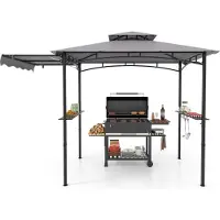 Costway Pavillon de barbecue résistant aux intempéries, abris pour barbecue avec store latéral, double toit, étagères latérales, crochet & ouvre-bouteille 318x153x250cm