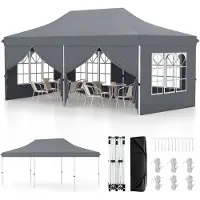 Costway Pavillon pliable 3x6m avec 6 parois latérales amovibles, sac de transport, pavillon réglable en hauteur hydrofuge, protection UV 50+ gris
