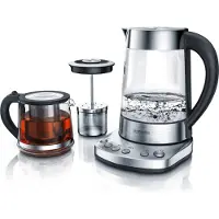 Arendo Bouilloire avec réglage de la température de 70 °C à 100 °C, verre, acier inoxydable, 1,7 L, 2400 W, bouilloire à thé, théière + filtre à thé, fonction de maintien au chaud, argent/transparent