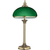 Casa Padrino Luxus Barock Tischlampe Messing mit Patina / Grün Ø 30 x H. 60 cm - Lampe de bureau ronde en laiton avec abat-jour en verre - Luminaires baroques