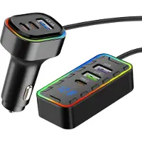 Avizar , Chargeur allume-cigare 22.5W 3x USB-C + 3x USB avec câble d'extension de 1.5m, noir