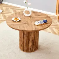 SUCCESS COURIER Table à manger ronde en MDF, Ø 100 cm – pour 4 à 6 personnes, plateau composé de 4 segments imitant le grain du bois, pieds cylindriques avec tige métallique et fermeture velcro
