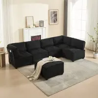 LVHOM Canapé modulable en forme de U 308 x 82 x 154 cm, 6 places avec fonction sommeil, Canapé d'angle modulable en velours côtelé, canapé en mousse convertible, ensemble de canapés, noir