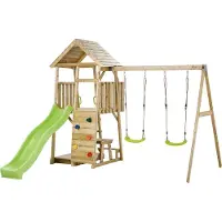 Kangui - Aire de jeux portique en bois WOODI - Double balançoire, toboggan, mur d'escalade, bac a sable, table pique nique, cabane, échelle