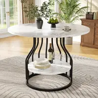 MODFU Table À Manger - Ronde Avec Plateau MDF Marbré Et Pieds Stables, Pour 4 Personnes, Cuisine Et Salon, 80 x 80 x H 76 cm - Noir