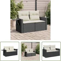 The Living Store Canapé de jardin avec coussins 2 places noir Poly rotin