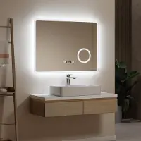 Emke Miroir de salle de bain LED avec grossissement 3x Interrupteur tactile Lumière blanche froide 80X60cm, antibuée et horloge