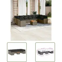 The Living Store 11 pcs. salon de jardin avec coussins Gris Poly Rattan