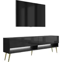 3Xeliving Meuble TV bas de 170 cm, finition noir mat / noir brillant, pieds inclinés dorés