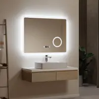 Emke Miroir de salle de bain LED avec grossissement 3x Interrupteur tactile Lumière blanc froid 90X70cm, antibuée et horloge