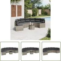 The Living Store Canapé de jardin avec table et coussins semi-circulaire Gris Poly Rattan