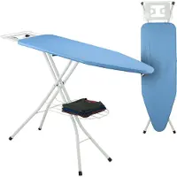 Relaxdays Table à repasser pour fer à vapeur, 120 x 38 cm, réglable en hauteur, pliable, avec tablette à vêtements, bleu