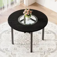 SUCCESS COURIER Table de salle à manger ronde, Ø 100 cm, noire – Table de cuisine moderne avec plateau en verre gris et piètement en métal – Finition imitation bois, pour 2 à 4 personnes