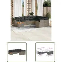The Living Store 10 pcs. salon de jardin avec coussins Gris Poly Rattan