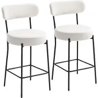 HOMCOM Lot de 2 tabourets de bar en tissu bouclette, assise 68H cm, chaises de bar, assise large, dossier courbé, repose-pieds, pieds en acier, chaises hautes cuisine, salle à manger, comptoir, crème