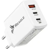 Reagle Chargeur rapide GaN 65 W PD avec 2 ports USB-C et QC 3.0 pour ordinateur portable, MacBook, iPhone et appareils USB-C