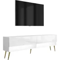 3Xeliving Meuble TV bas, 170 cm, blanc mat / blanc brillant, pieds inclinés dorés, éclairage LED blanc